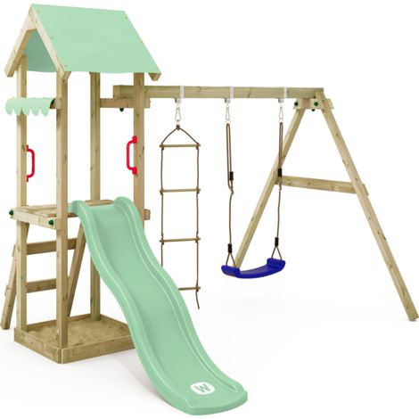 Parque infantil de madera Wickey TinyCabin con Columpio y Arenero para niños pequeños en verde claro