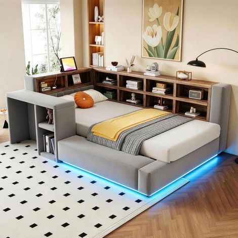 Lit gigogne avec tiroirs 90x200cm Tête de lit avec prises USB - Lit Rangement - Eclairage LED Gris foncé et Table de chevet latérale (1/5)