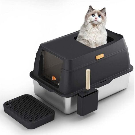 Stainless Steel Litter Box with Lid, Front Entry Top Exit Litter Box, Extra Large Enclosed Metal Litter Box with Scoop and Litter Mat - Black MUMU (1/4)