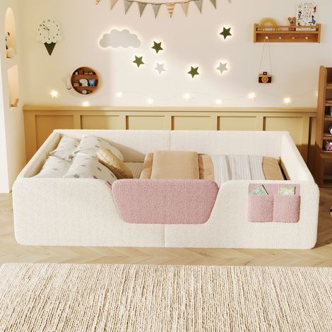 Lit capitonné 140x190cm, sans sommier ni matelas, avec barrières latérales amovibles, housse de stockage intégrée en tissu, velours beige, modèle unique (1/5)