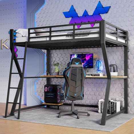 Lit superposé 90x200 cm avec bureau, console pc, éclairage led, ports usb, escalier et garde-corps, noir, sans matelas (1/5)