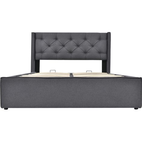 Letto contenitore imbottito 140x200 cm con rete a doghe in metallo e legno, grigio, MODENUIT (1/5)