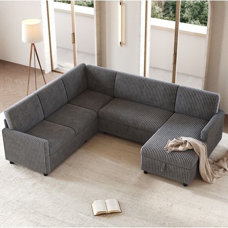 Sofá rinconero en U convertible con función cama, tejido acanalado gris 274 x 220 x 85 cm OKMYHOME (1/5)