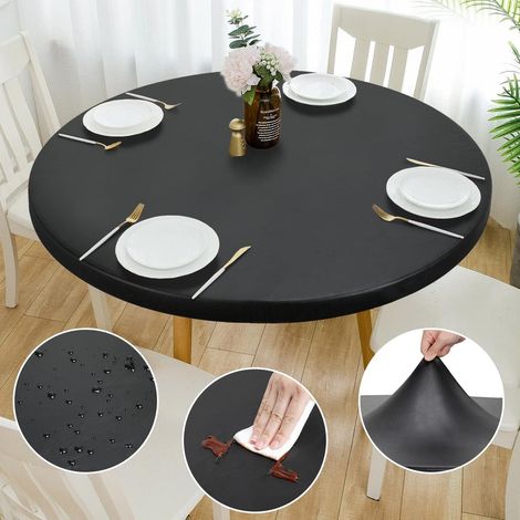 Double Face fit Design PU Round fit Nappe, Ripstop lingette de Table Ronde élastique, Soft Touch, Nappe imperméable à l'eau et à l'huile (Noir, Ronde 124-132cm) (1/5)