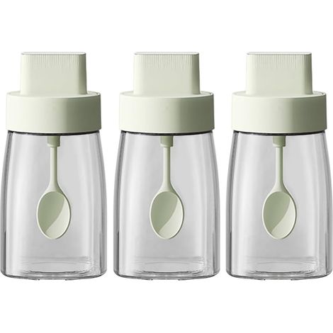3 - Pot à épices - Verre sodocalcique - Couvercle hermétique avec cuillère rétractable - Conservation fraîcheur pour cuisine - Vert - 6,7x6,7x14cm (1/5)