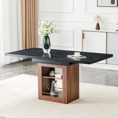 Table de salle à manger extensible avec étagère, plateau en bois noir veiné, structure couleur noyer, longueur env. 130-160 cm, table seule (chaises non incluses) (1/5)