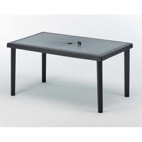 Grand Soleil – Table de jardin rectangulaire 150x90 cm en polyrotin noir – Résistante aux intempéries et aux UV – Trou central pour parasol – Conception légère