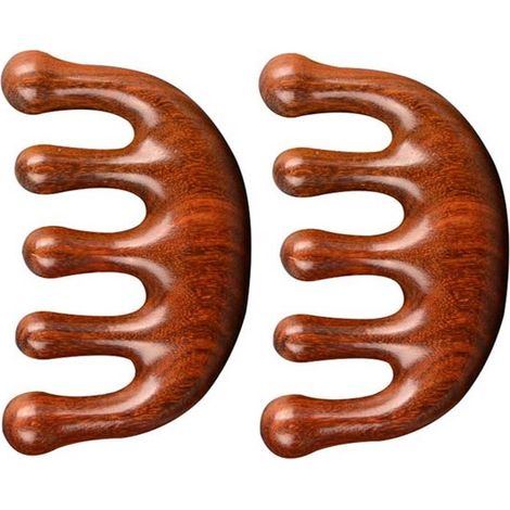Set di 2 massaggiatori per cuoio capelluto in legno, in legno di sandalo - Adatto per massaggio alla testa e Gua Sha - Marrone (1/5)