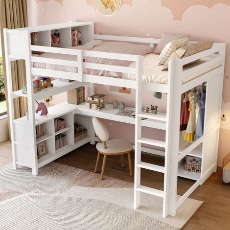 Lit mezzanine 140x200 cm, lit double avec étagères, bureau et armoire, en bois, blanc, sans matelas (1/5)