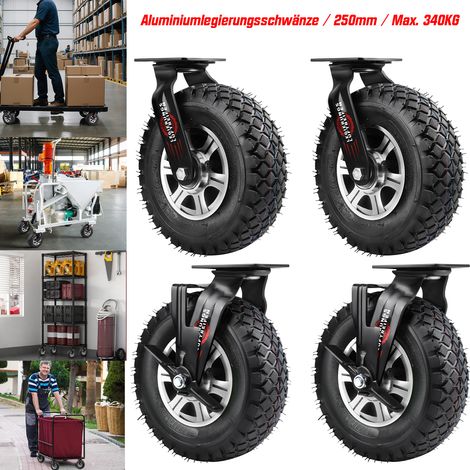 Lot de 4 Roulette Pivotantes + Roulette à frein Ø 250 x 90 mm, 340Kg, Roues Pneumatiques Alliage d'aluminium, pour Manutention et Transport