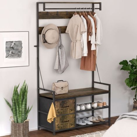 Garderobenstaender aus Holz und Metall in Braun-Schwarz mit 10 Haken, 100 x 40 x 180 cm, Sitzbank, Schubladen, Schuhregal (1/5)