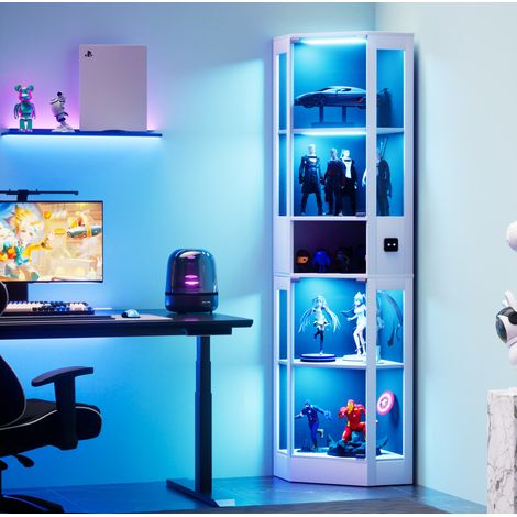 Vitrina de cristal de 5 niveles con LED, puertas de cristal, almacenamiento, blanca OKMYHOME (1/5)