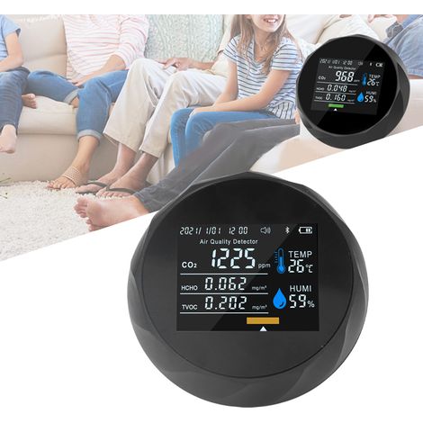 Moniteur portable de qualité de l'air avec connectivité Bluetooth, détecteur de dioxyde de carbone, détecteur de COVT, stockage de données, chargement USB, noir. (1/5)