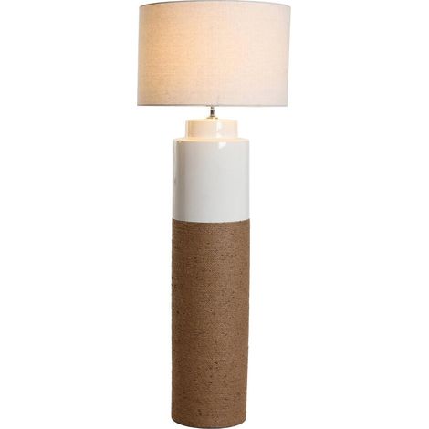 Lampe de sol en céramique et lin blanc brun style scandinave - Blanc céramique et marron lin naturel (1/5)