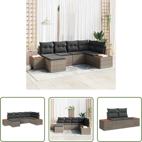 Gartentisch -  Gartensofa-set mit Kissen mit Speicher 7 pcs Grau Polyrattan (1/5)