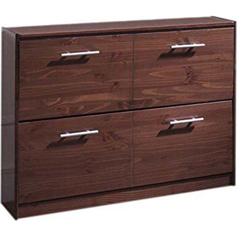 Pegane – Meuble à chaussures en pin massif noyer – 2 portes abattantes – Longueur 110 cm x Profondeur 23 cm x Hauteur 80 cm – Capacité jusqu'à 27 paires (1/3)