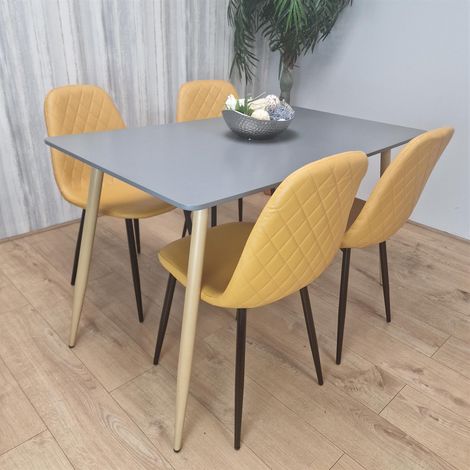 Wooden Rectangle Dining Table Set Grey Table with 4 Mustard Gem Patterned Chairs (1/5)