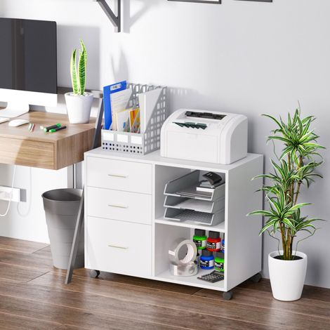 Mobile da ufficio HOMCOM per stampante, mobile multifunzionale con 3 cassetti, ripiani e ruote, 80x40x65 cm, bianco