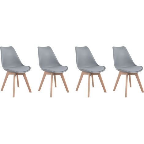 Happy Garden – Lot de 4 chaises scandinaves NORA – Grises avec coussins – Structure en bois de hêtre – Hauteur d'assise 45,5cm – Confort vintage