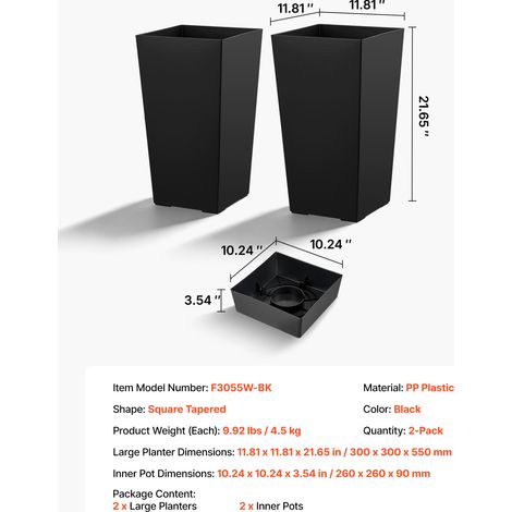 VEVOR Tall Planters Set of 2, 22 Inch Large Outdoor Taper Planters for Outdoor Indoor Plants, Front Porch Plastic Modern Flower Pots with Casters, Inner Pot & Drainage Holes for Patio, Garden, Black (1/4)