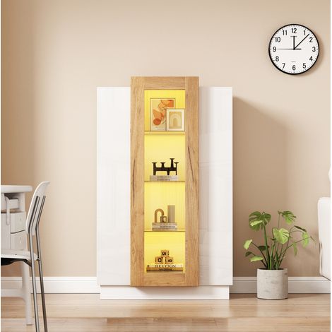 Vitrina 74 x 40 x 120 cm blanca y madera natural con LED, 3 puertas de acrílico (1/5)