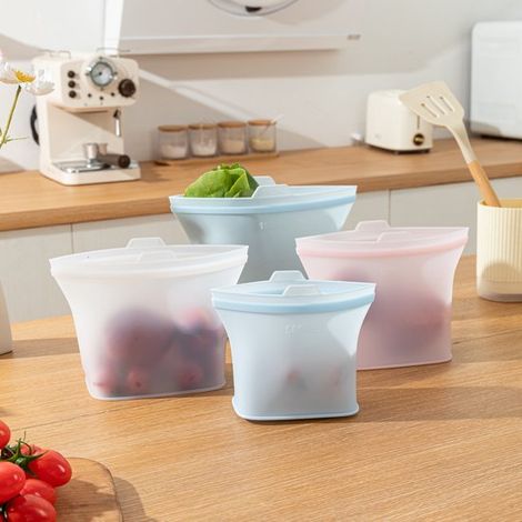 Sacchetti per alimenti riutilizzabili in silicone (confezione da 4) A tenuta stagna, adatti al congelatore e al microonde, rimangono in posizione verticale Ecologici, senza BPA (1/5)