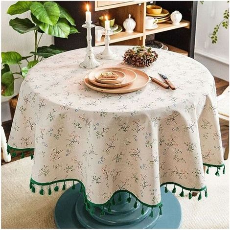 Nappe Ronde Lin Coton imprimé Fleuri, Nappe Table Ronde à Franges Lavable, Petite Nappe Ronde Anti Tache 150cm Round Tablecloth (Beige)