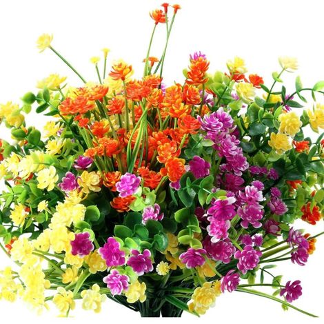 12 pezzi di fiori artificiali, 6 tipi di arbusti da esterno resistenti ai raggi UV per vasi sospesi, decorazione per finestre di casa, matrimoni, portici (giallo, arancione, fucsia) -Crezuo