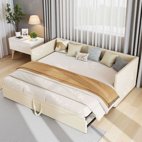 Schlafsofa 2 Plätze umwandelbar ausziehbar 90/180x200cm, Beige Samt, Robuste FSC Holzstruktur, Platzsparend, Modernes Design