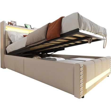 Cama infantil tapizada 90x200 cm beige de lino con LED USB y almacenaje hidráulico (1/5)