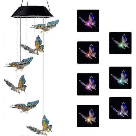 Carillon solaire papillon pour l'extérieur, cadeau pour maman, mobile carillon éolien suspendu à couleurs changeantes, étanche, lumière solaire LED pour porche, terrasse ou jardin. (1/3)