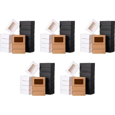 150 mini boîtes en papier kraft avec fenêtre, idéales pour emballer des cadeaux, savons, friandises, pâtisseries et bonbons (noir, marron, blanc). (1/5)