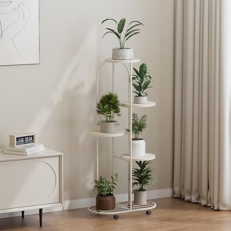 Support à fleurs style scandinave 5 niveaux - porte plante 5 étagères - métal - 50x25x140cm -blanc