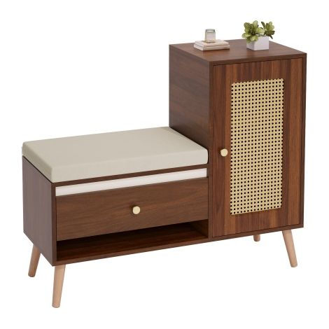 Meuble à chaussures, banc d'entrée en rotin avec rangement pour chaussures et coussin d'assise – Meuble d'entrée multifonction avec tiroirs, compartiments ouverts et porte de placard (1/5)