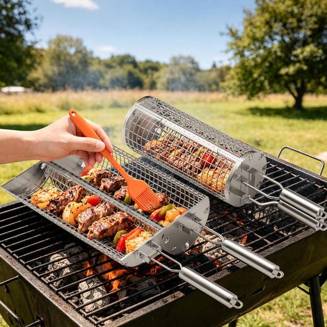 2 x Stainless Steel Rotisserie Grill Baskets, Barbecue Accessories with Side Opening and Removable Handle, BBQ Vegetables and Small Foods (1/5)