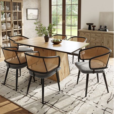 Esszimmerstuhl Rattan Samt Grau Holzoptik OKMYHOME (1/5)