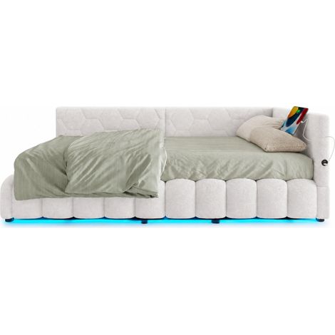 Lit banquette 90x200 avec rangement relevable, LED multicolore, USB et Type-C, sommier inclus, sans matelas, blanc géométrique  CHICFURN (1/5)
