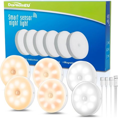 6Pcs Lampe Detecteur de Mouvement Interieur, Veilleuse Detecteur de Mouvement Pour Couloir Cuisine, éclairage D'escalier, Chambre D'enfant, éclairage D'armoire (1/5)