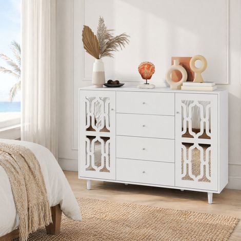 Buffet blanc 147,5 x 40 x 102 cm avec 2 portes miroir, 4 tiroirs et étagères DESVIAE (1/5)