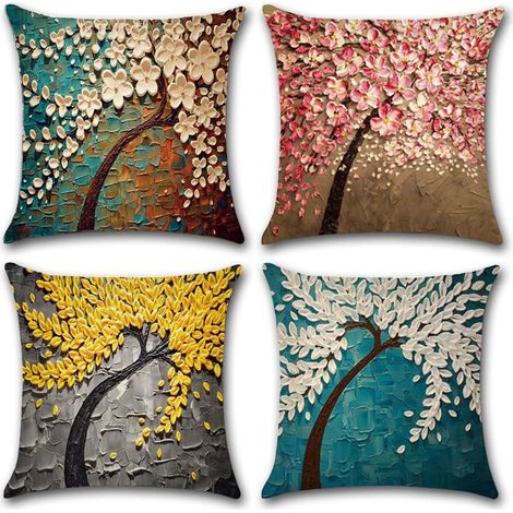 Housse de coussin décorative 45 x 45 cm en toile de coton et lin, motif peinture à l'huile carrée, lot de 4 (couleur aléatoire) (1/5)