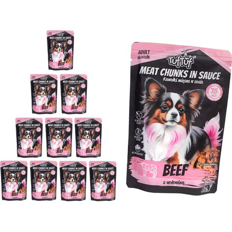 Comida húmeda para perros TufTuf sabor a carne de res, 10 bolsitas de 100 g, trozos picados. (1/3)