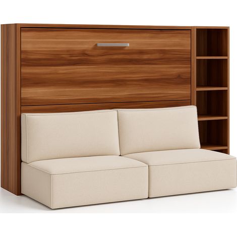 Lit escamotable horizontal LOGIA Naturel lit+canapé+étagère-160x200-Canapé Naturel-Structure Noyer-Version lit+canapé+étagère (1/5)