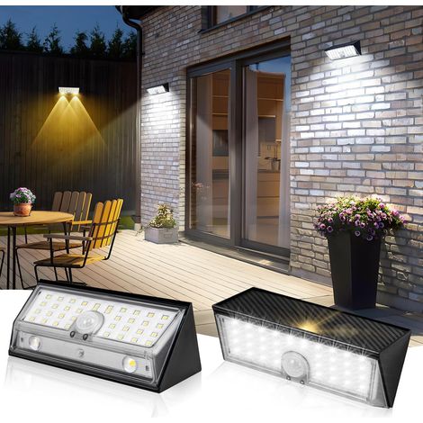 Lot de 2 lampes solaires d'extérieur avec détecteur de mouvement - Lentille super lumineuse - Applique murale solaire d'extérieur avec 4 modes - Étanche IP65 - Pour extérieur, jardin, clôture, porte (1/5)