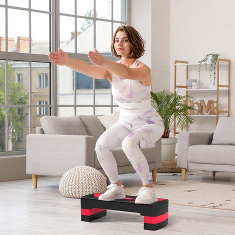 Plateforme de step d’aérobic réglable à 3 niveaux (10/15/20 cm), appareil de fitness intérieur et extérieur, charge maximale 150 kg, rouge (1/4)