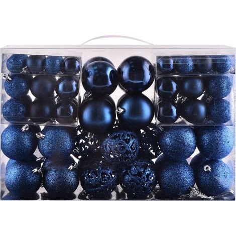 Weihnachtskugel-Set, unzerbrechliches Weihnachtsdekorationsset, mit wiederverwendbarem Geschenkverpackungsgriff, geeignet zum Schmücken des Weihnachtsbaums in Innenräumen (100 Stück, dunkelblau). (1/5)