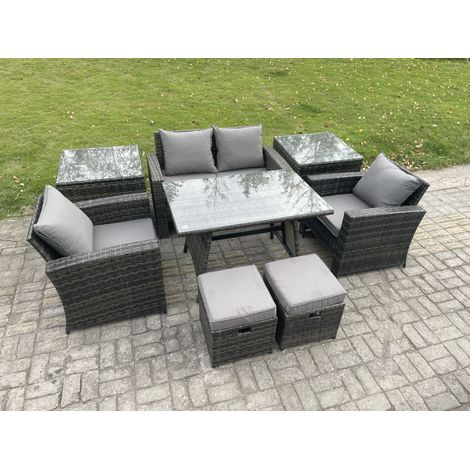 Fimous Rattan Wicker Garden Furniture Patio Conservatory Sofa Set with Rectangular Dining Table Armchair 2 Seater Sofa 2 Small Footstools 2 Side Tables (1/5)