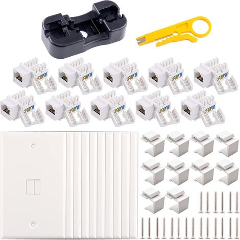 32 Pack Cat6/RJ45 Keystone Module Connector, 10 Pack Cat6 RJ45 Module Connector with Keystone Punch Holder + 10 Pieces 1 Keystone Jack Port + 10 Keystone Inserts (White) (1/5)