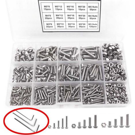 Jectse 500 PIÈCES Vis à Tête Cylindrique Hexagonale à Tête Cylindrique Kit d'assortiment d'écrous à Vis en Acior Inoxydable M3 M4 M5, Acier Inoxydable 304, Grande (M3 M4 M5)