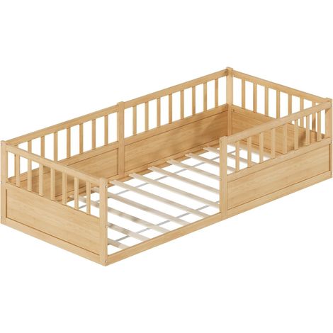 CAIziLit Montessori 90x200 en pin naturel avec barrière et sommier à lattes (1/5)
