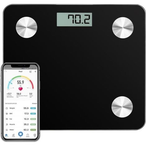 Pèse Personnes Impédancemètre, Balance Pèse-Personne Bluetooth, Ecran Rétroéclairé LED Grand
